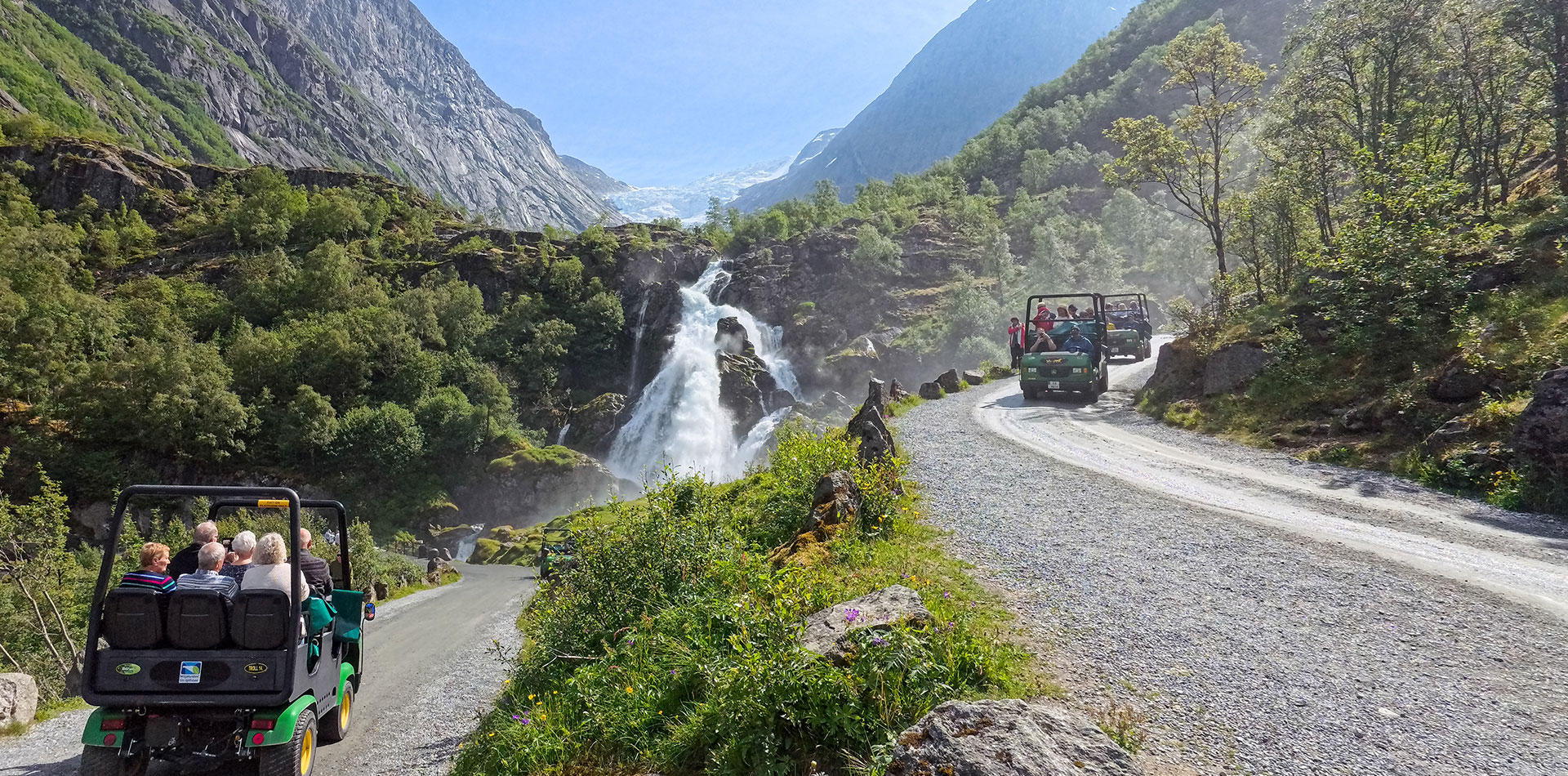 Troll cars in Olden going up to view the Briksdal glacier, Norway