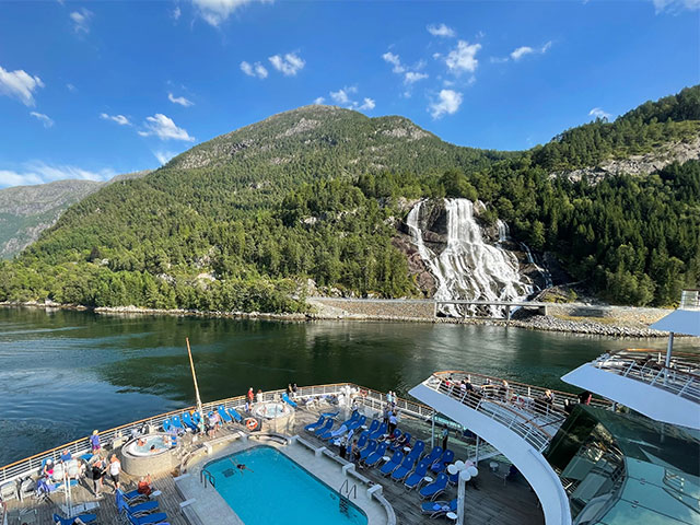 Furebergsfossen waterfall, seen from on board , Norway