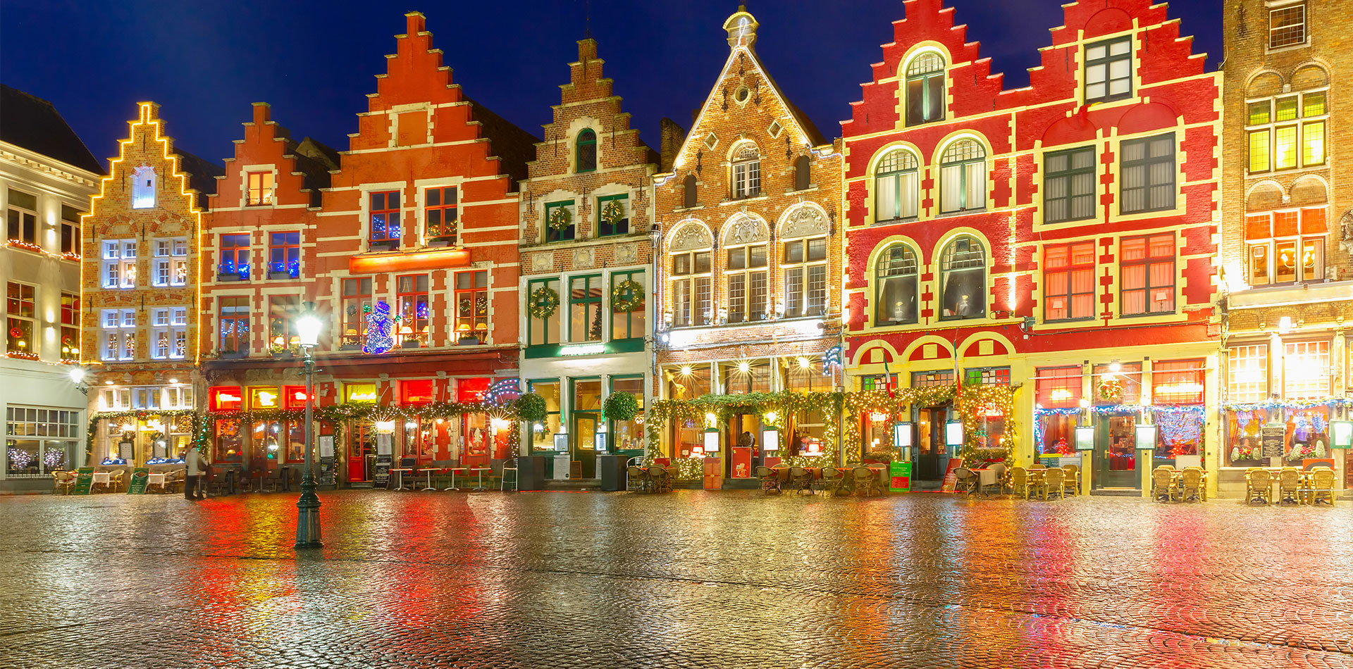 Christmas Decorated and illuminated Old Markt square in the center of Bruges, Belgium