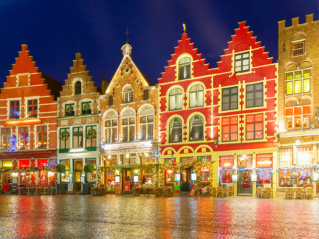 Christmas Decorated and illuminated Old Markt square in the center of Bruges, Belgium