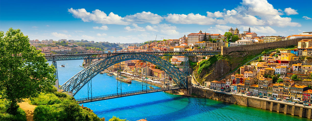 Sunny view down the Douro River in Oporto, Portugal