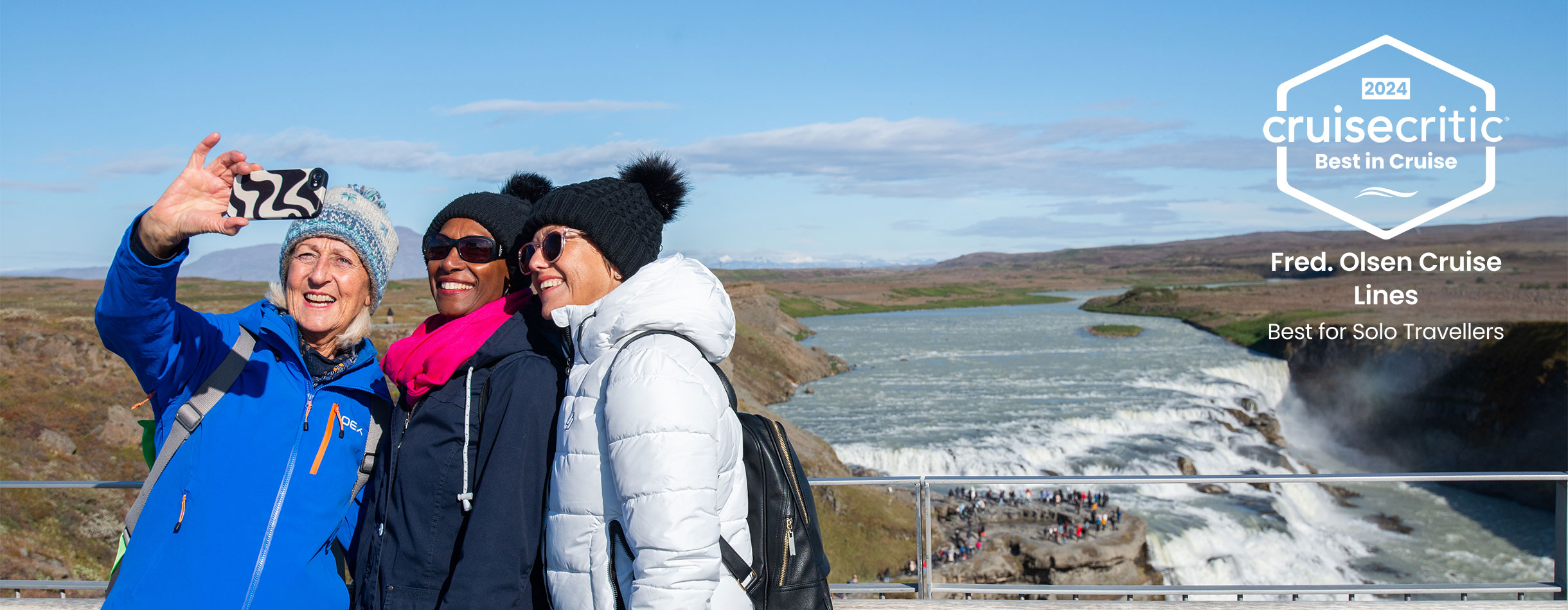 Solo guests taking a selfie at the Gullfoss Waterfalls, Iceland