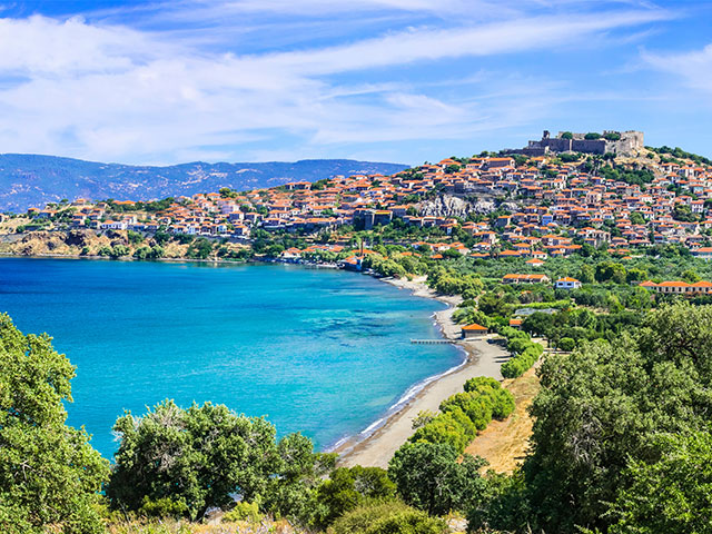 Panoramic view of beautiful Molyvos town in Lesvos island, Greece