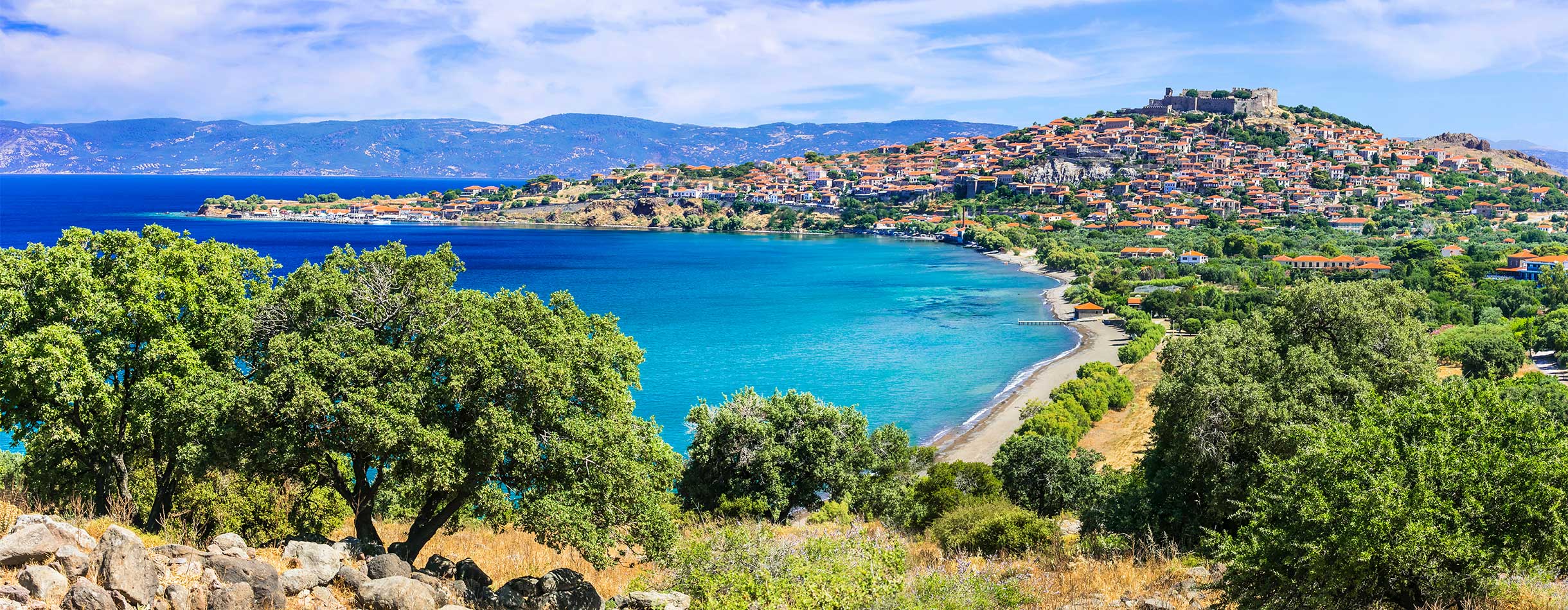 Panoramic view of beautiful Molyvos town in Lesvos island, Greece