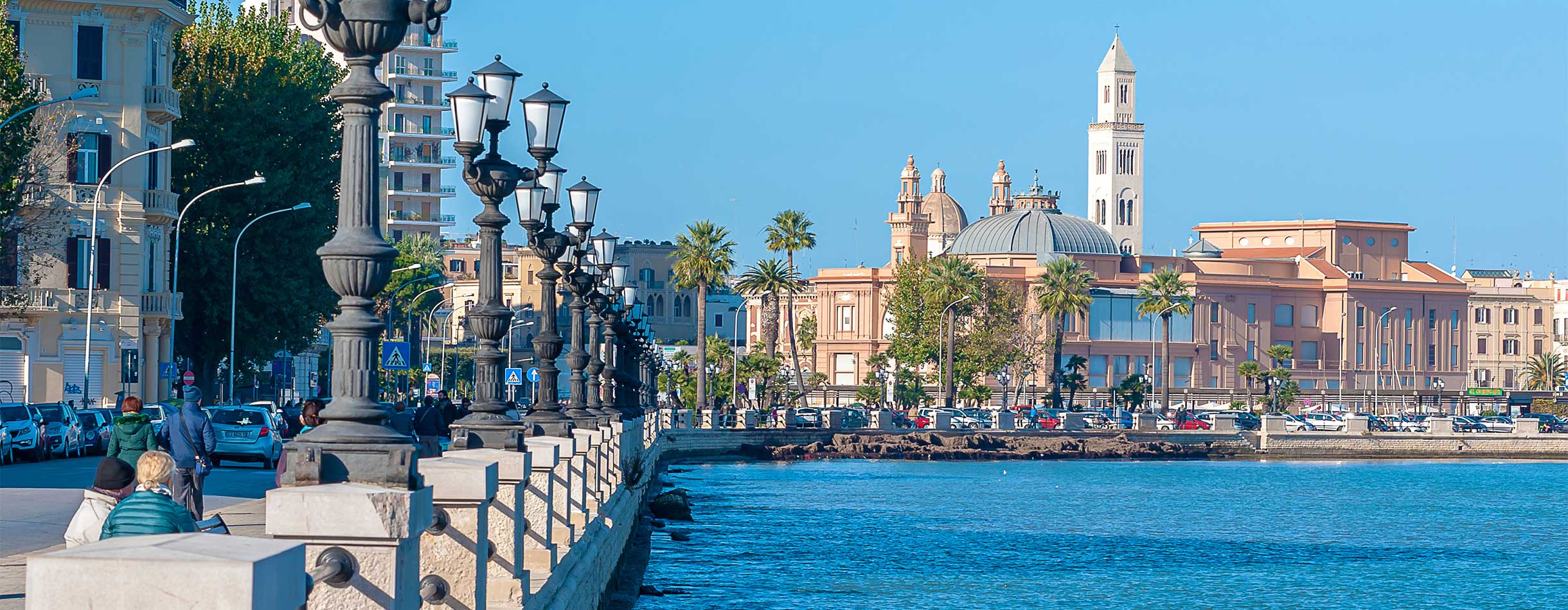 Panoramic view of Bari seafront in the background Basilica San Nicola. Apulia.