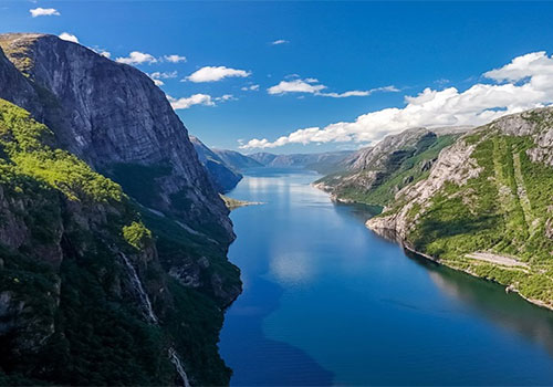 An aerial view over the fjords in Norway