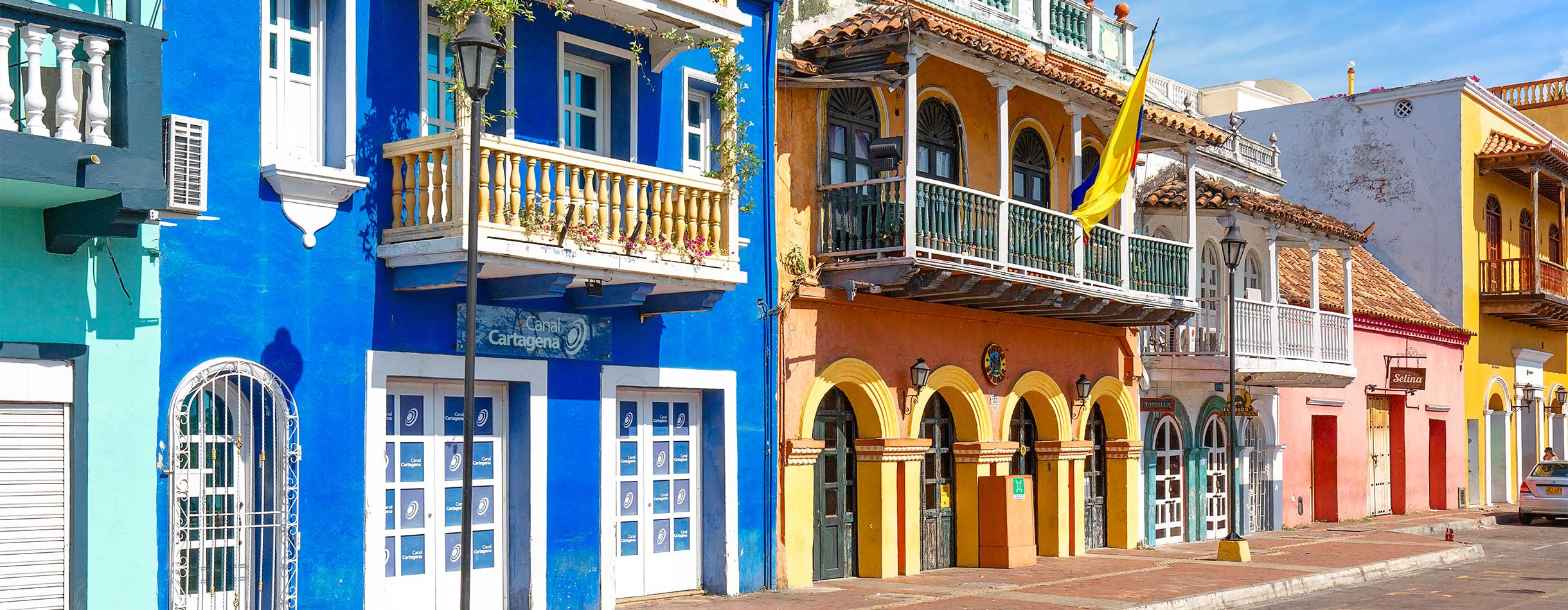 Scenic colorful streets of Cartagena in historic district, Colombia