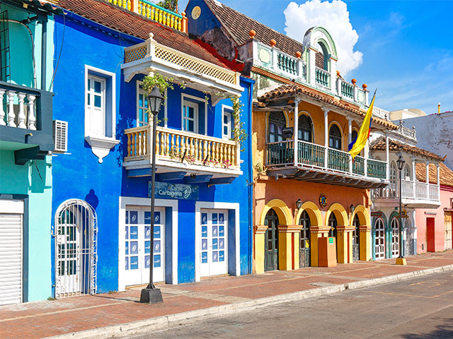 Scenic colorful streets of Cartagena in historic district, Colombia