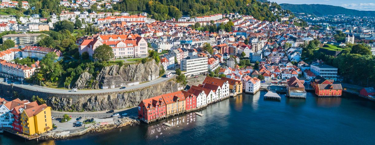 An aerial view of Bryggen, Bergen, Norway