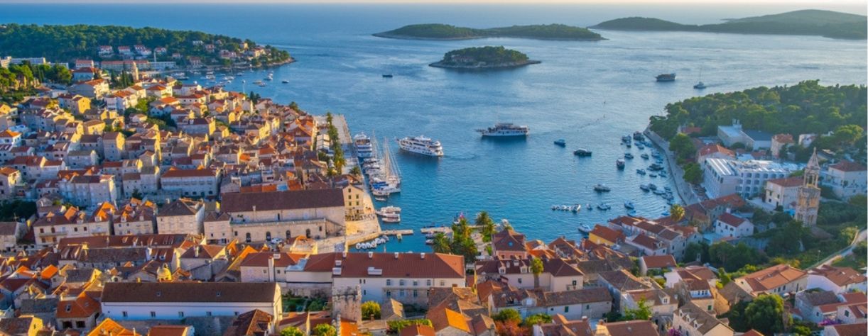 Panoramic views across the sea over Hvar, Croatia
