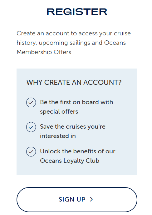 Screenshot of how to create MyCruises account