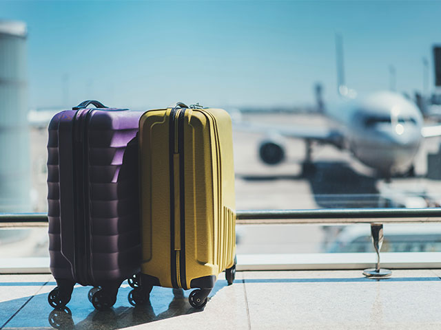 Suitcases at airport, plane in background