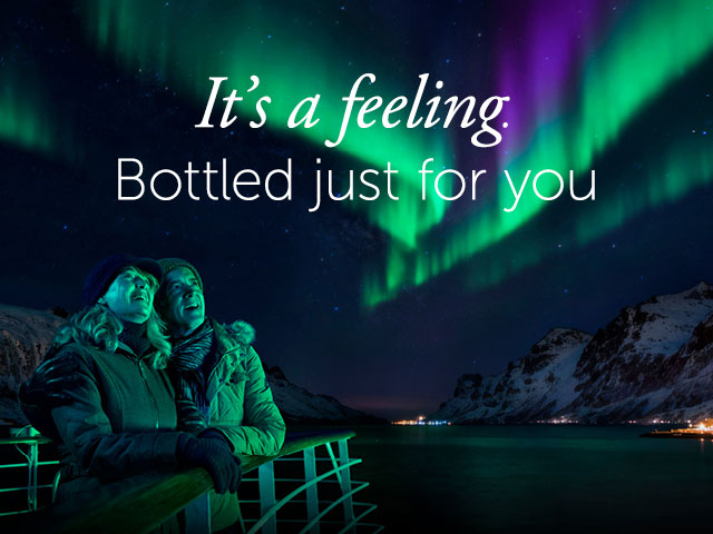 Guests looking up to Northern lights from deck