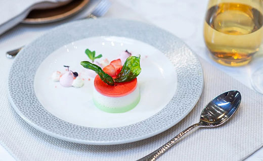 Strawberry and basil panna cotta with raspberry cream  