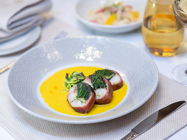 Monkfish with spinach and pancetta dish, Italian dish, Colours and Tastes