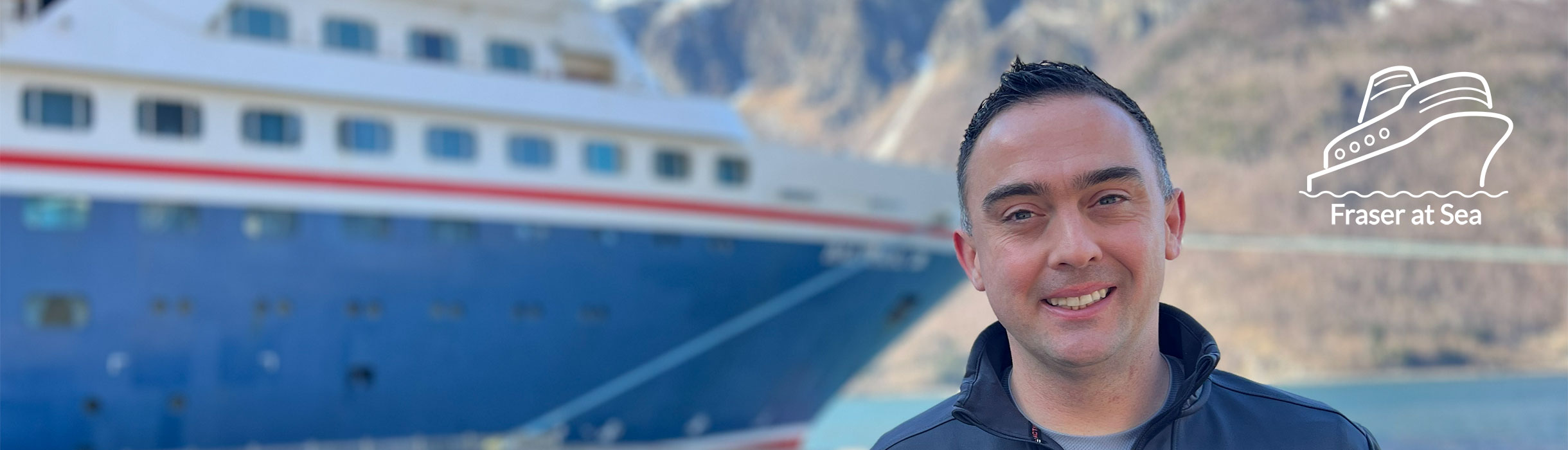 Fraser with Fred. Olsen Ship in the background, with Fraser logo