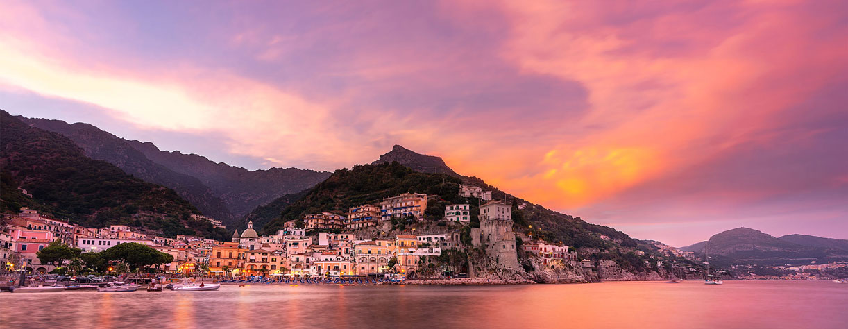 Sunset over Amalfi coast from sea, Italy
