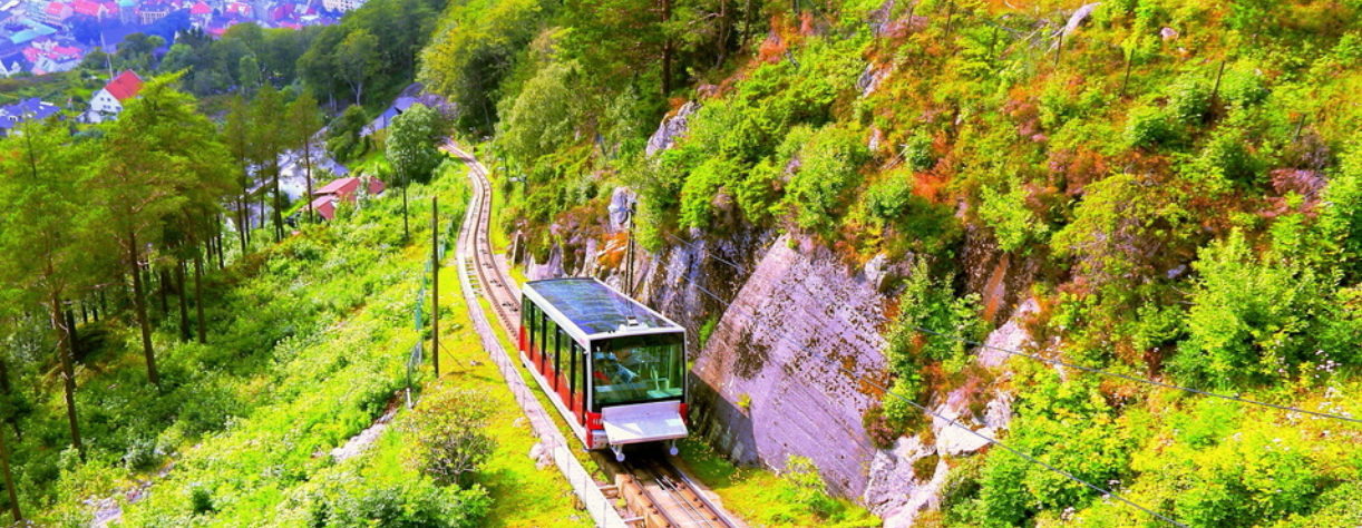 Bergen Funicular making its way up Mount Floyen in Bergen, Norway.