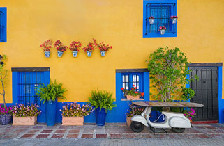 Colourful buildings with flowers in the old town of Malaga