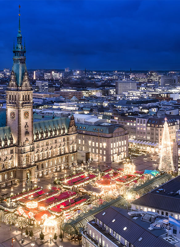Evening view over Christmas markets in Hamburg, Germany