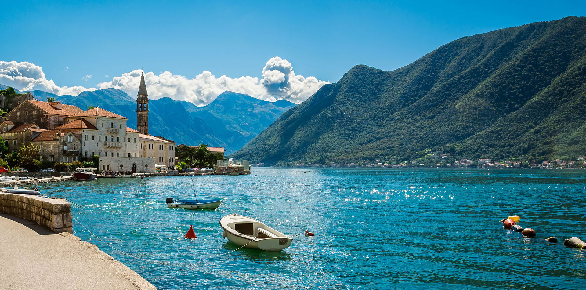 Historic town of Perast at Bay of Kotor in summer, Montenegro