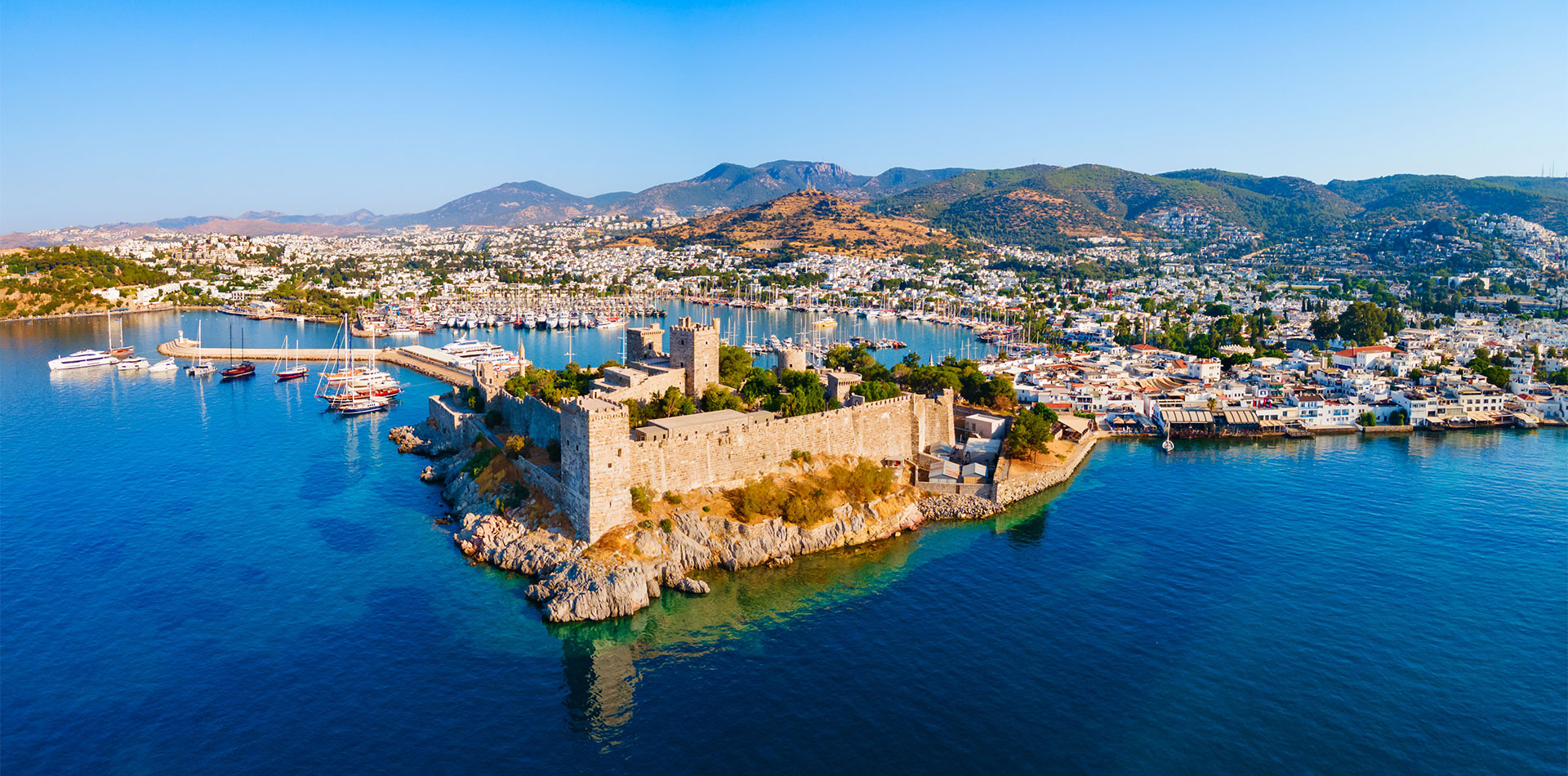 The Bodrum Castle and marina, aerial panoramic view in Turkey