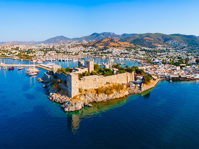 The Bodrum Castle and marina, aerial panoramic view in Turkey