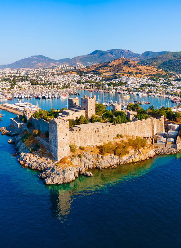 The Bodrum Castle and marina, aerial panoramic view in Turkey