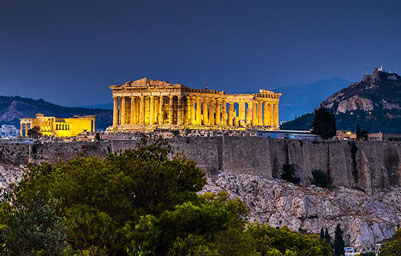 Acropolis on the hill, Athens, Greece in the evening