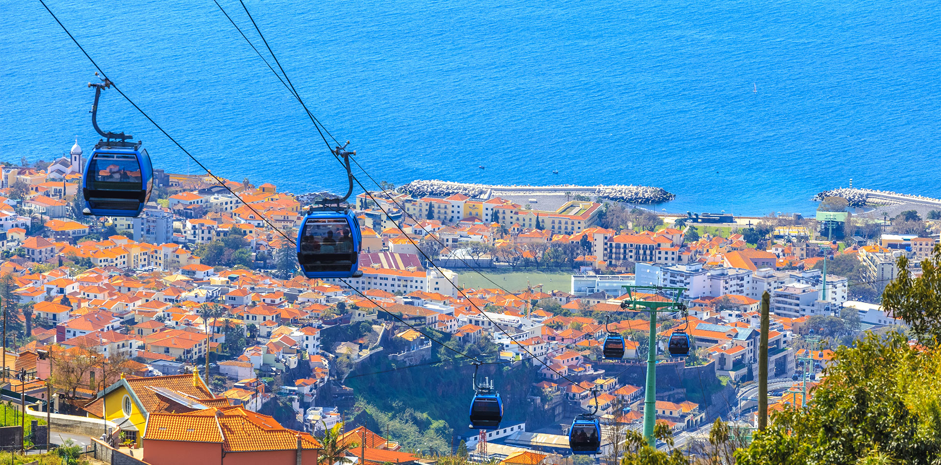 Aerials view of cable car track above Funchal, Madeira island