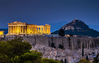 Acropolis on the hill, Athens, Greece in the evening