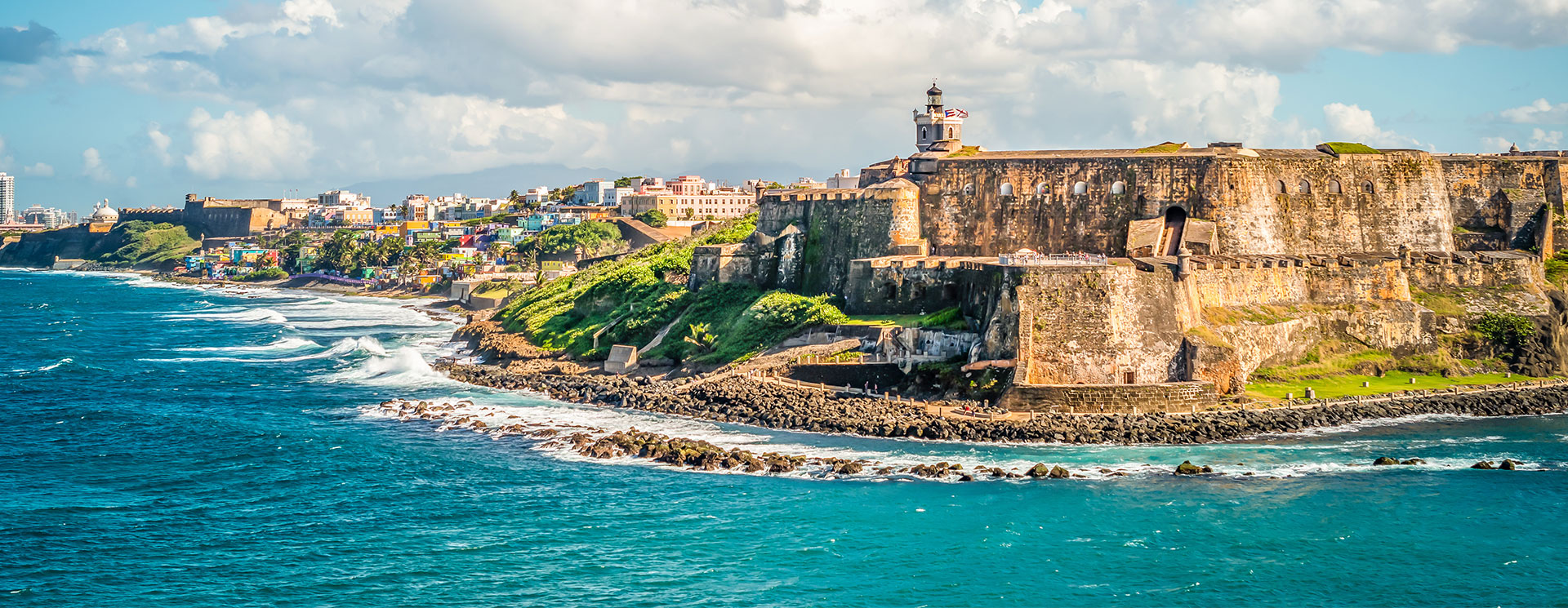 Historical castle El Morro along the coastline, San Juan, Puerto Rico.