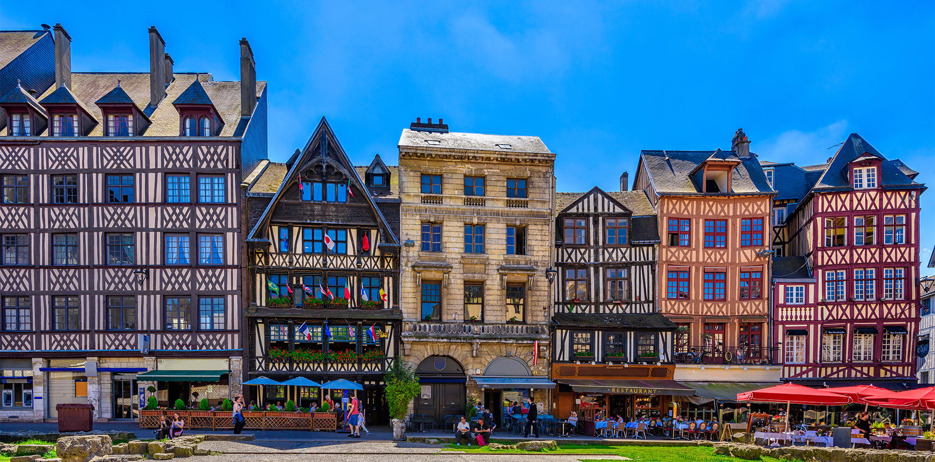 Street with timber framing houses in Rouen, Normandy, France