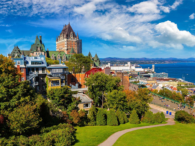 Panoramic view of Frontenac Castle in Old Quebec City, Canada