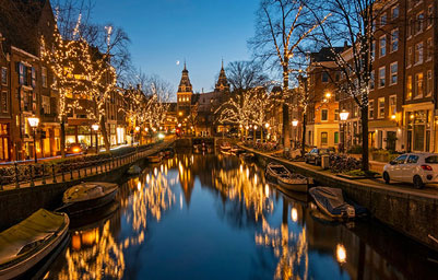 Canals in Amsterdam, Christmas lights, Netherlands