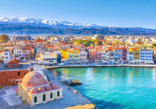 Chania with lighthouse, mosque, venetian shipyards, Crete, Greece